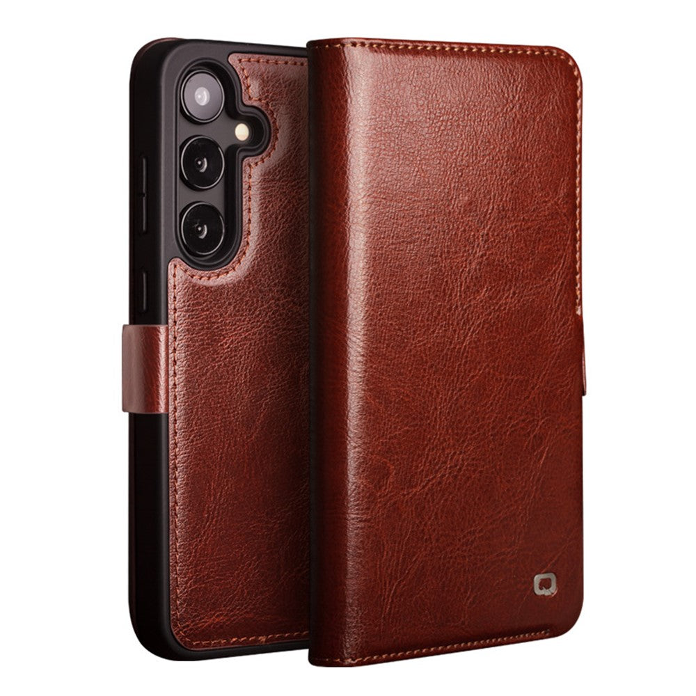 QIALINO For Samsung Galaxy S25 Case Genuine Cow Leather Wallet Phone Cover with Magnetic Closure