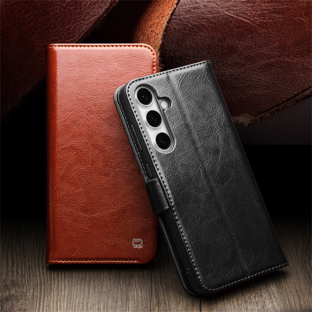 QIALINO For Samsung Galaxy S24 FE Case with Card Holder Genuine Cow Leather Stand Phone Cover