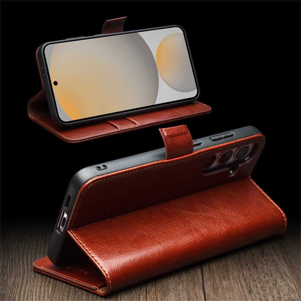 QIALINO For Samsung Galaxy S24 FE Case with Card Holder Genuine Cow Leather Stand Phone Cover
