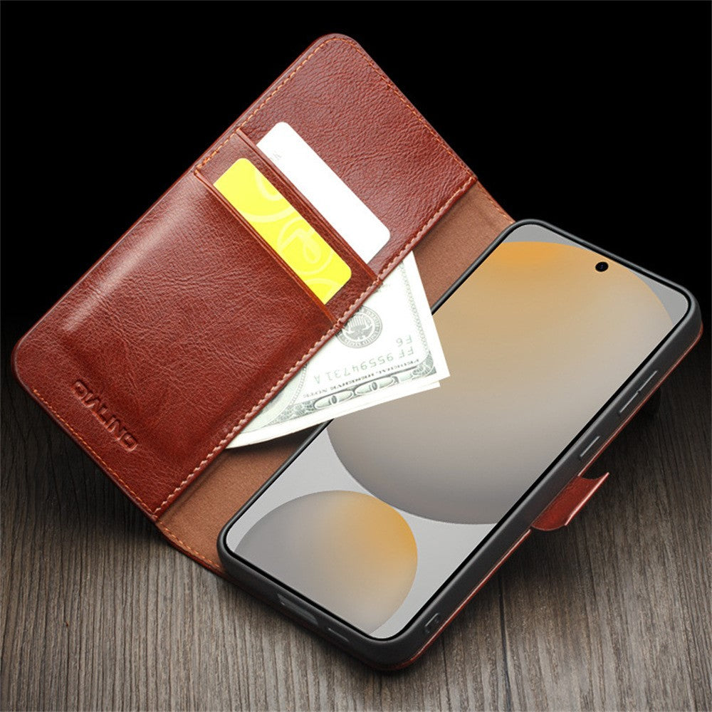 QIALINO For Samsung Galaxy S24 FE Case with Card Holder Genuine Cow Leather Stand Phone Cover