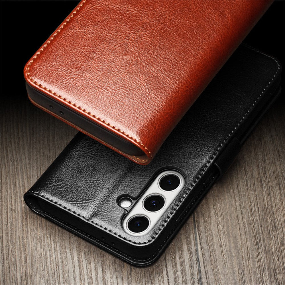 QIALINO For Samsung Galaxy S24 FE Case with Card Holder Genuine Cow Leather Stand Phone Cover