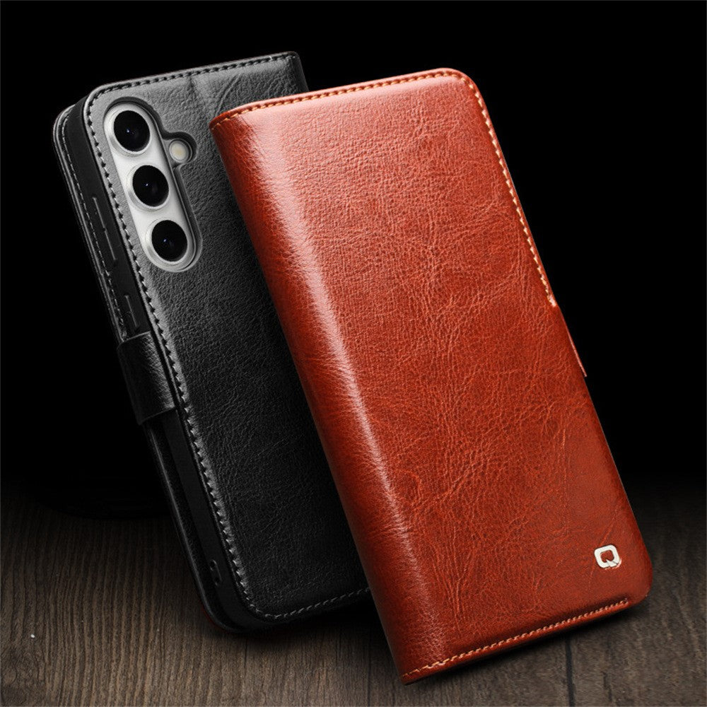 QIALINO For Samsung Galaxy S24 FE Case with Card Holder Genuine Cow Leather Stand Phone Cover