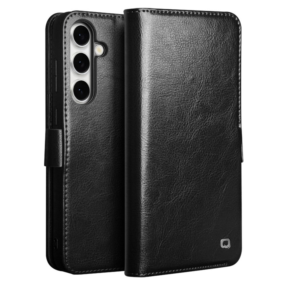 QIALINO For Samsung Galaxy S24 FE Case with Card Holder Genuine Cow Leather Stand Phone Cover
