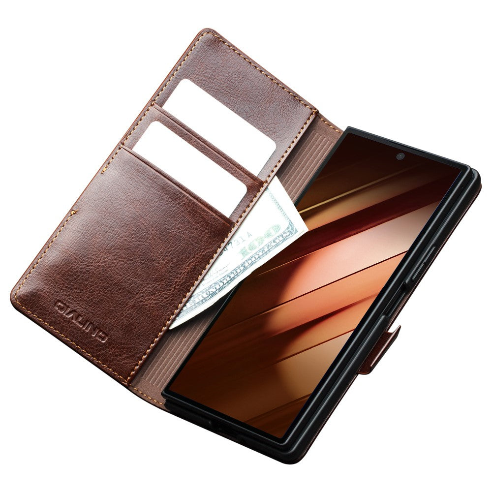 QIALINO For Samsung Galaxy Z Fold7 5G Case with Card Holder Genuine Cow Leather Stand Phone Cover