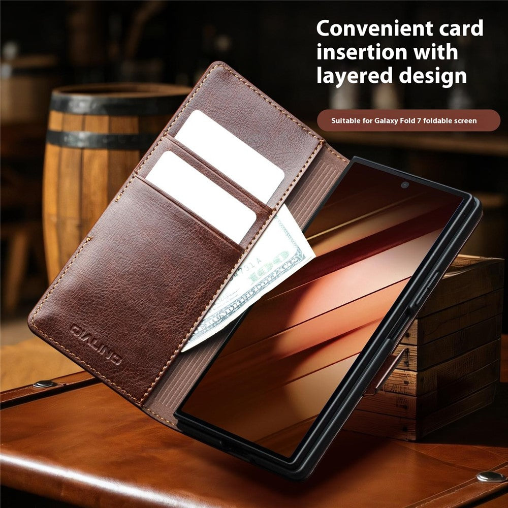 QIALINO For Samsung Galaxy Z Fold7 5G Case with Card Holder Genuine Cow Leather Stand Phone Cover