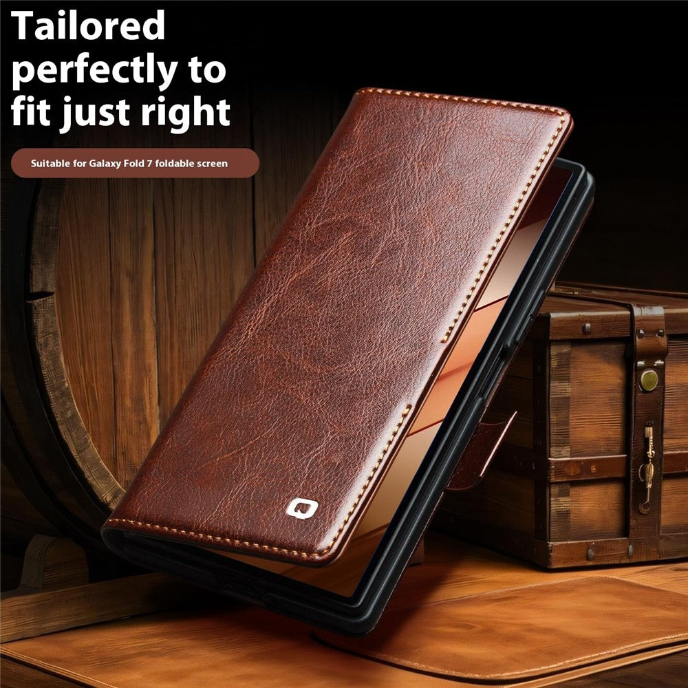 QIALINO For Samsung Galaxy Z Fold7 5G Case with Card Holder Genuine Cow Leather Stand Phone Cover