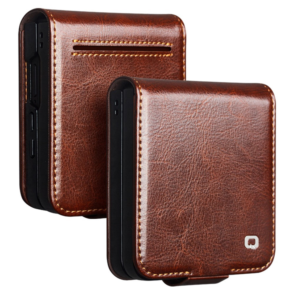 QIALINO For Samsung Galaxy Z Flip7 5G Case Crazy Horse Textured Genuine Cow Leather PC Flip Phone Cover with Card Holder