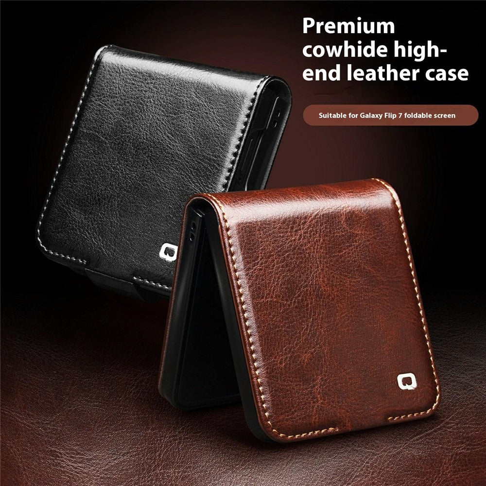 QIALINO For Samsung Galaxy Z Flip7 5G Case Crazy Horse Textured Genuine Cow Leather PC Flip Phone Cover with Card Holder