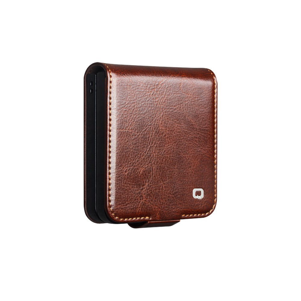 QIALINO For Samsung Galaxy Z Flip7 5G Case Crazy Horse Textured Genuine Cow Leather PC Flip Phone Cover with Card Holder
