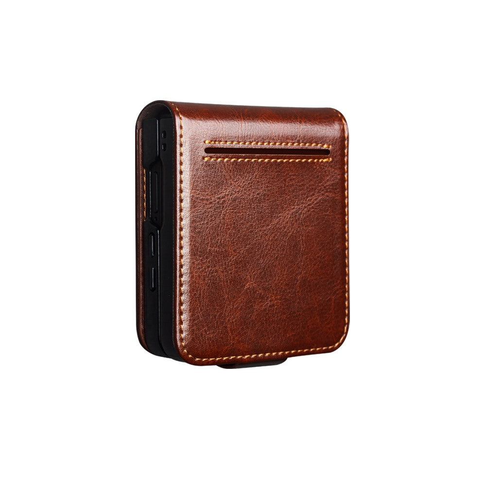 QIALINO For Samsung Galaxy Z Flip7 5G Case Crazy Horse Textured Genuine Cow Leather PC Flip Phone Cover with Card Holder