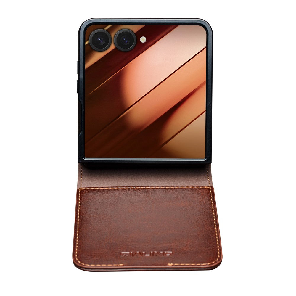 QIALINO For Samsung Galaxy Z Flip7 5G Case Crazy Horse Textured Genuine Cow Leather PC Flip Phone Cover with Card Holder