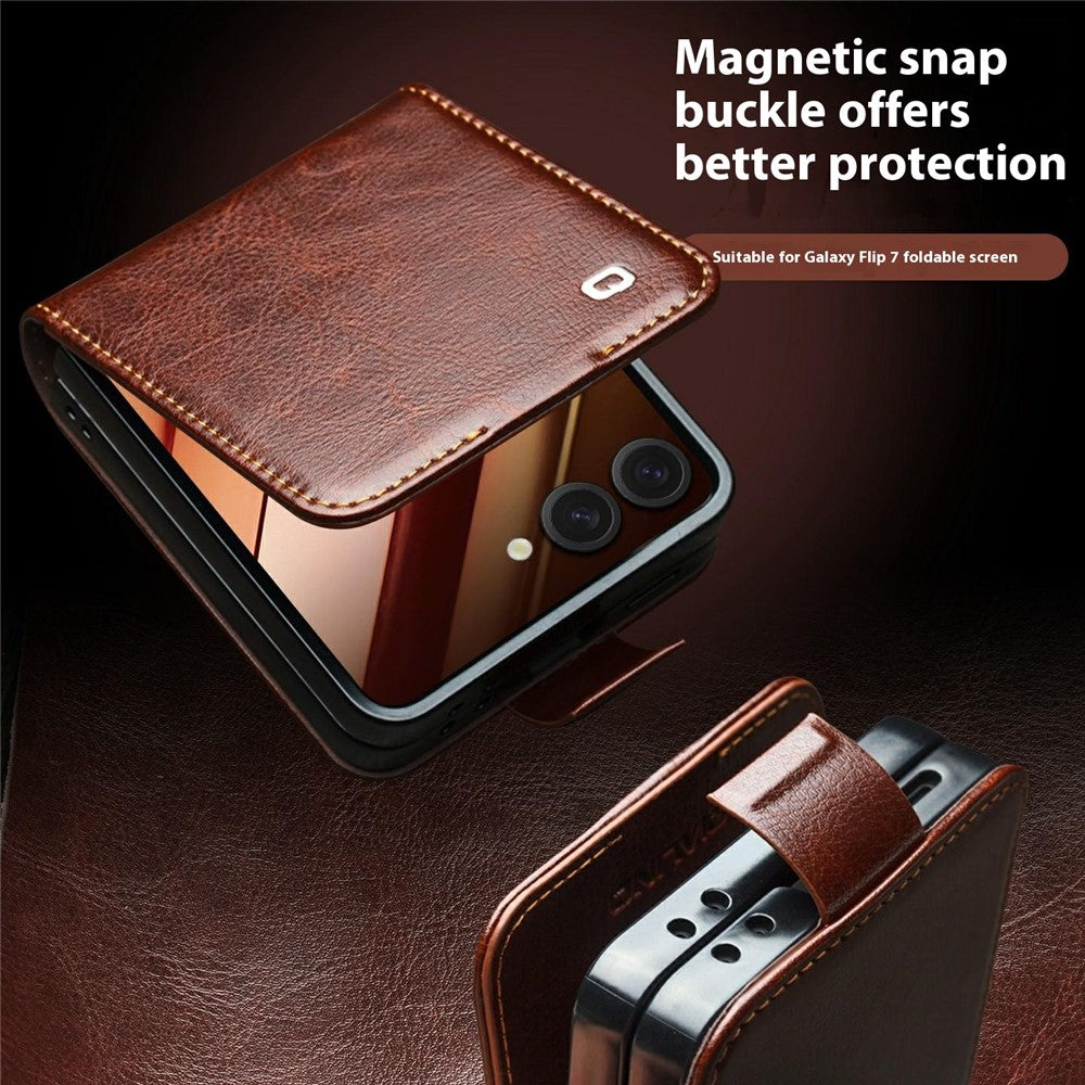 QIALINO For Samsung Galaxy Z Flip7 5G Case Crazy Horse Textured Genuine Cow Leather PC Flip Phone Cover with Card Holder