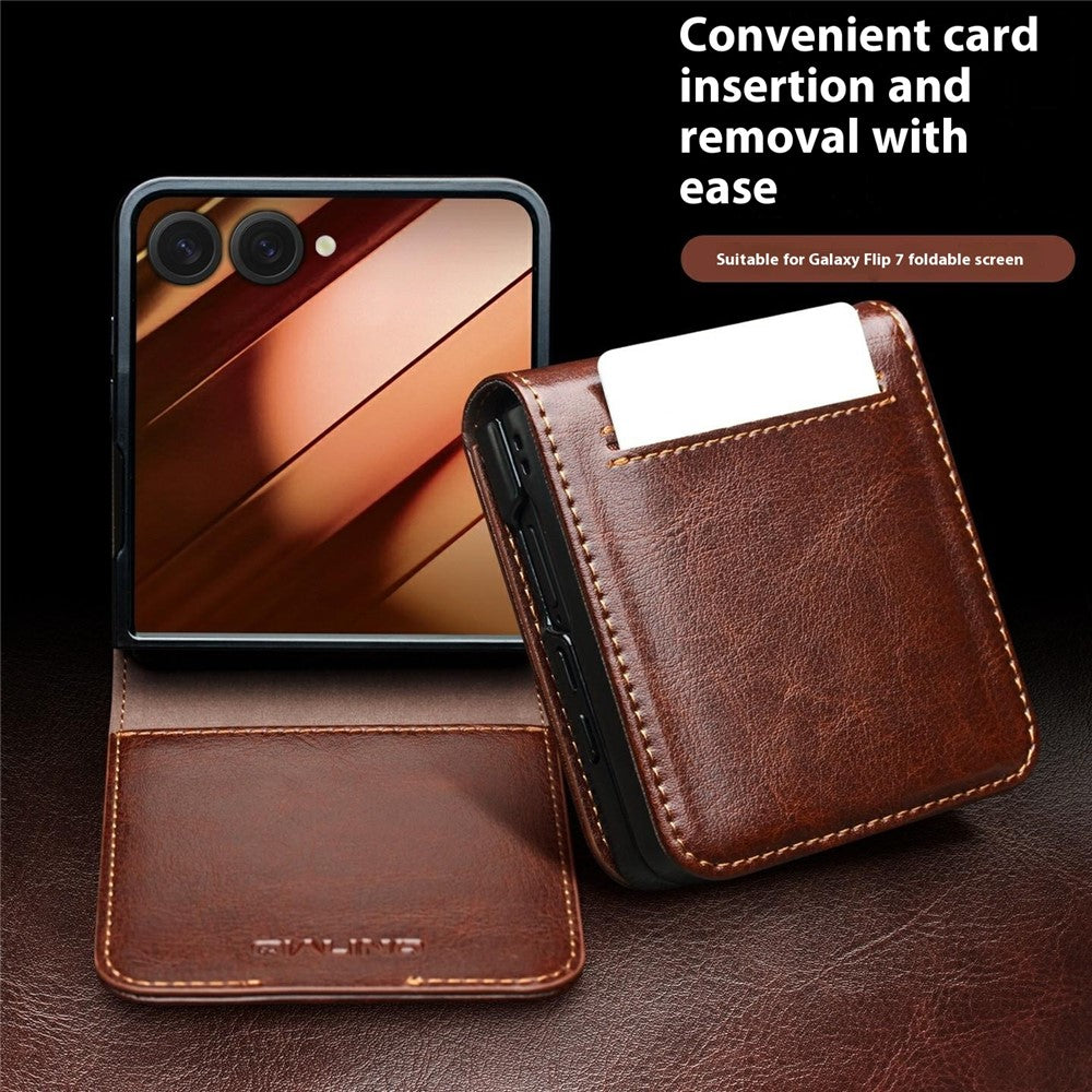 QIALINO For Samsung Galaxy Z Flip7 5G Case Crazy Horse Textured Genuine Cow Leather PC Flip Phone Cover with Card Holder