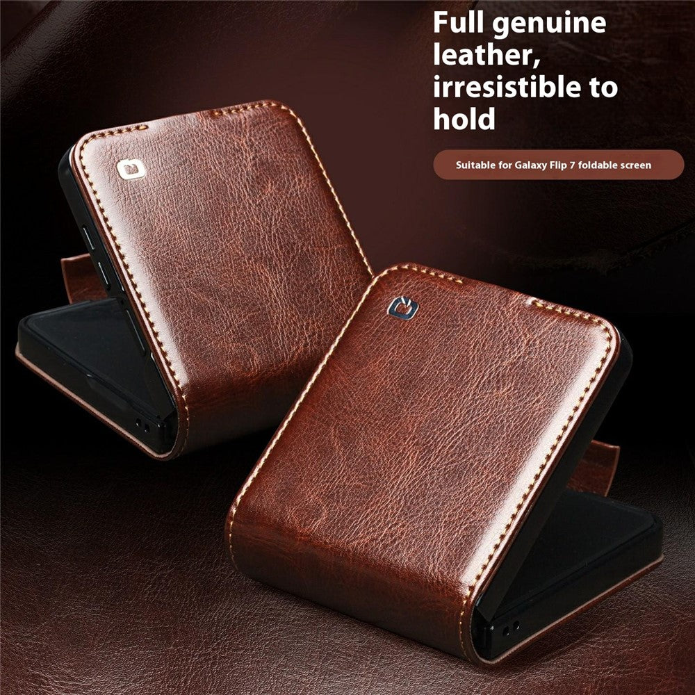 QIALINO For Samsung Galaxy Z Flip7 5G Case Crazy Horse Textured Genuine Cow Leather PC Flip Phone Cover with Card Holder