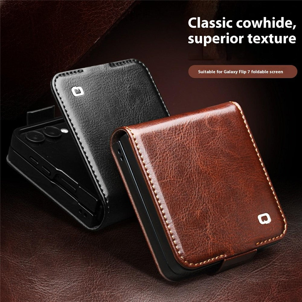 QIALINO For Samsung Galaxy Z Flip7 5G Case Crazy Horse Textured Genuine Cow Leather PC Flip Phone Cover with Card Holder