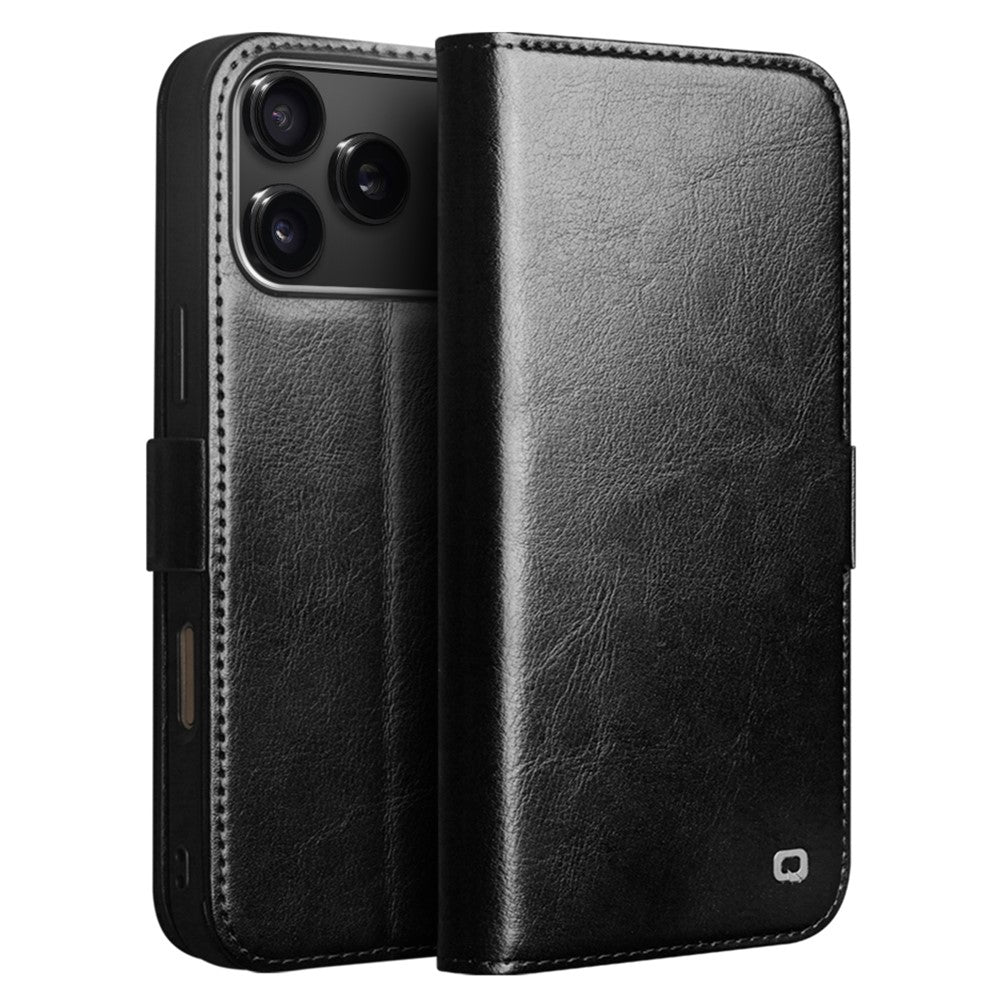 QIALINO For iPhone 17 Pro Case with Card Holder Genuine Cow Leather Stand Phone Cover
