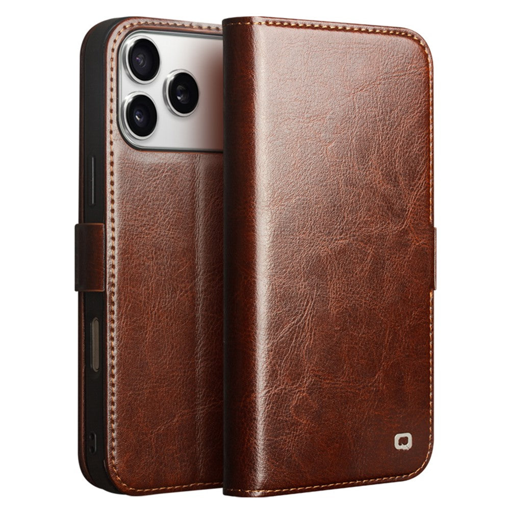 QIALINO For iPhone 17 Pro Case with Card Holder Genuine Cow Leather Stand Phone Cover