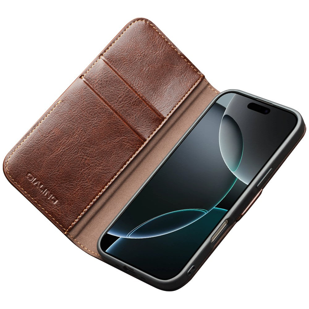 QIALINO For iPhone 17 Pro Case with Card Holder Genuine Cow Leather Stand Phone Cover