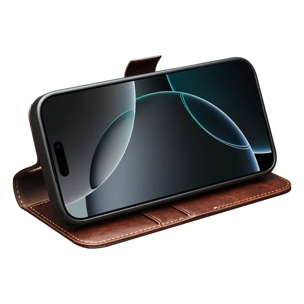 QIALINO For iPhone 17 Pro Case with Card Holder Genuine Cow Leather Stand Phone Cover