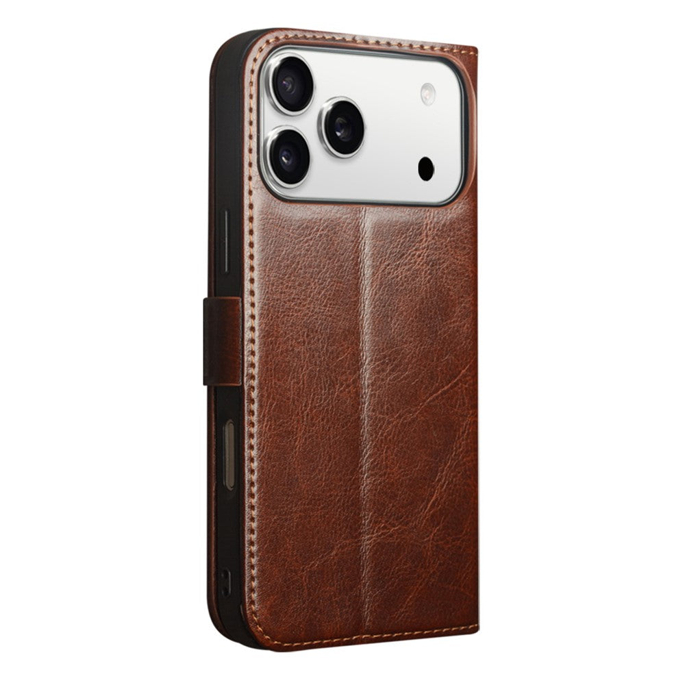 QIALINO For iPhone 17 Pro Case with Card Holder Genuine Cow Leather Stand Phone Cover