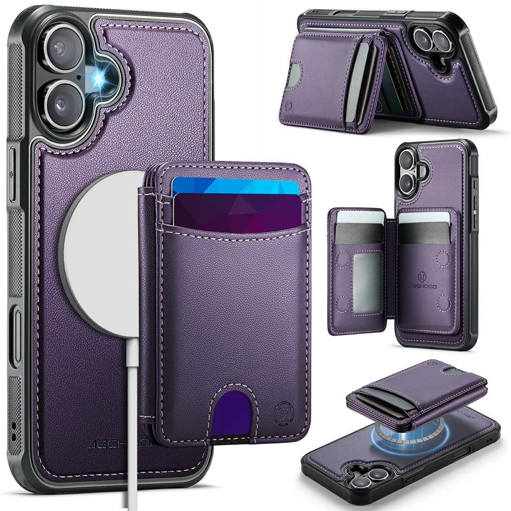 JEEHOOD J10 For iPhone 17 Case with Detachable Card Holder Kickstand Compatible with MagSafe Leather Back Phone Coverd