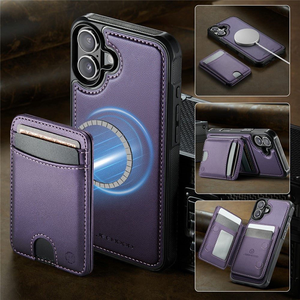 JEEHOOD J10 For iPhone 17 Case with Detachable Card Holder Kickstand Compatible with MagSafe Leather Back Phone Coverd