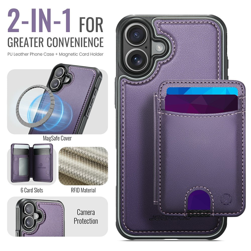 JEEHOOD J10 For iPhone 17 Case with Detachable Card Holder Kickstand Compatible with MagSafe Leather Back Phone Coverd
