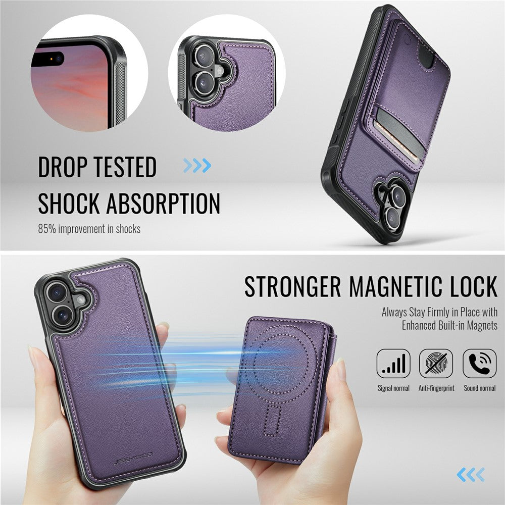 JEEHOOD J10 For iPhone 17 Case with Detachable Card Holder Kickstand Compatible with MagSafe Leather Back Phone Coverd