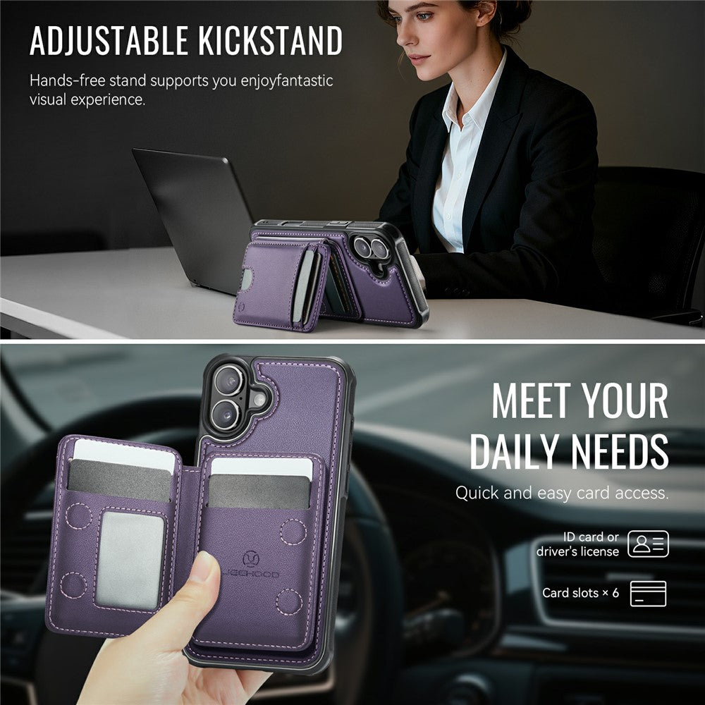 JEEHOOD J10 For iPhone 17 Case with Detachable Card Holder Kickstand Compatible with MagSafe Leather Back Phone Coverd