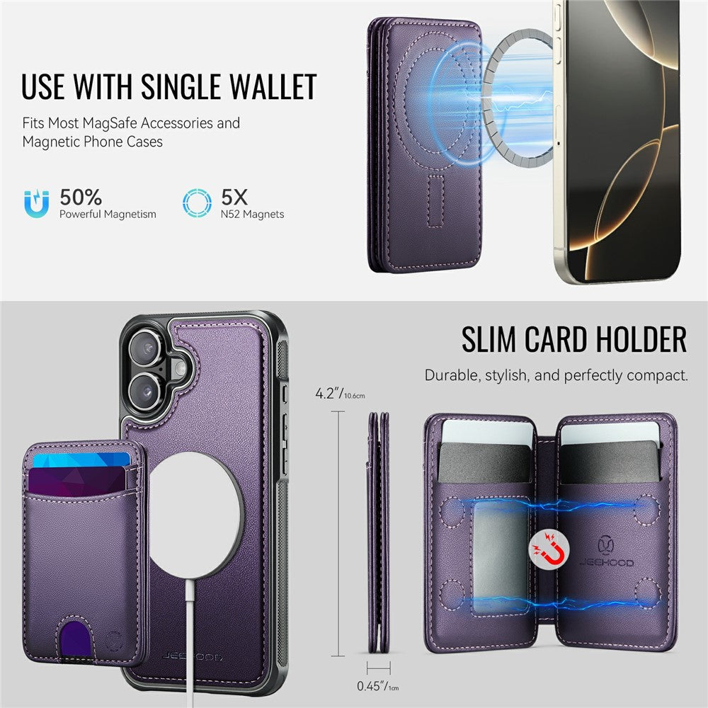 JEEHOOD J10 For iPhone 17 Case with Detachable Card Holder Kickstand Compatible with MagSafe Leather Back Phone Coverd