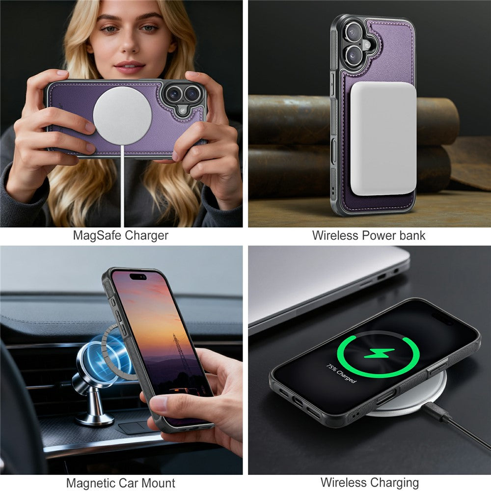 JEEHOOD J10 For iPhone 17 Case with Detachable Card Holder Kickstand Compatible with MagSafe Leather Back Phone Coverd