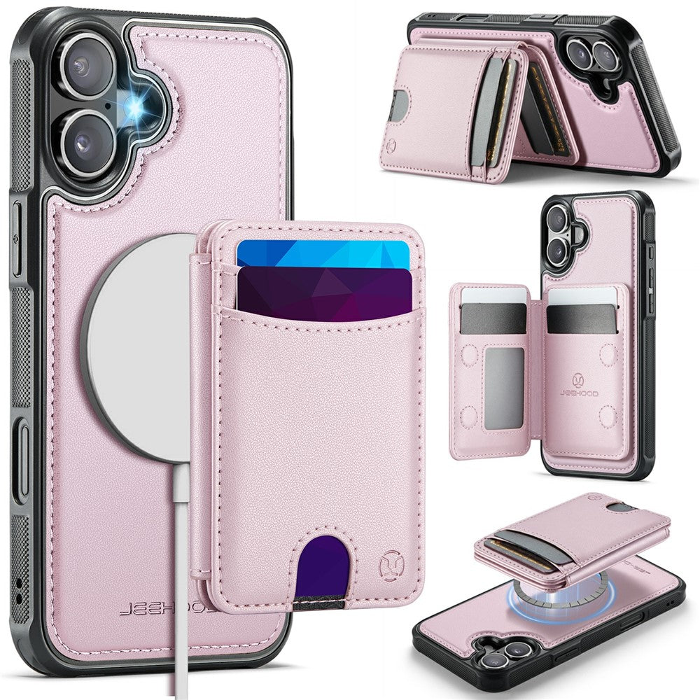 JEEHOOD J10 For iPhone 17 Case with Detachable Card Holder Kickstand Compatible with MagSafe Leather Back Phone Coverd