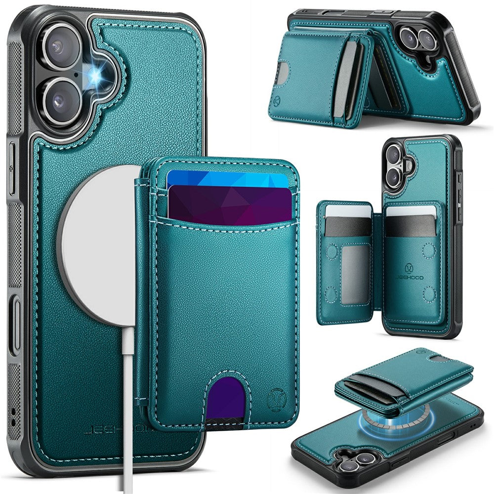 JEEHOOD J10 For iPhone 17 Case with Detachable Card Holder Kickstand Compatible with MagSafe Leather Back Phone Coverd