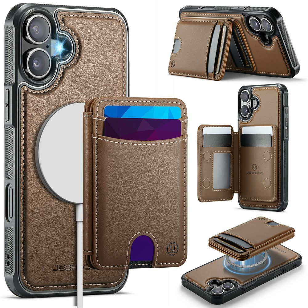 JEEHOOD J10 For iPhone 17 Case with Detachable Card Holder Kickstand Compatible with MagSafe Leather Back Phone Coverd