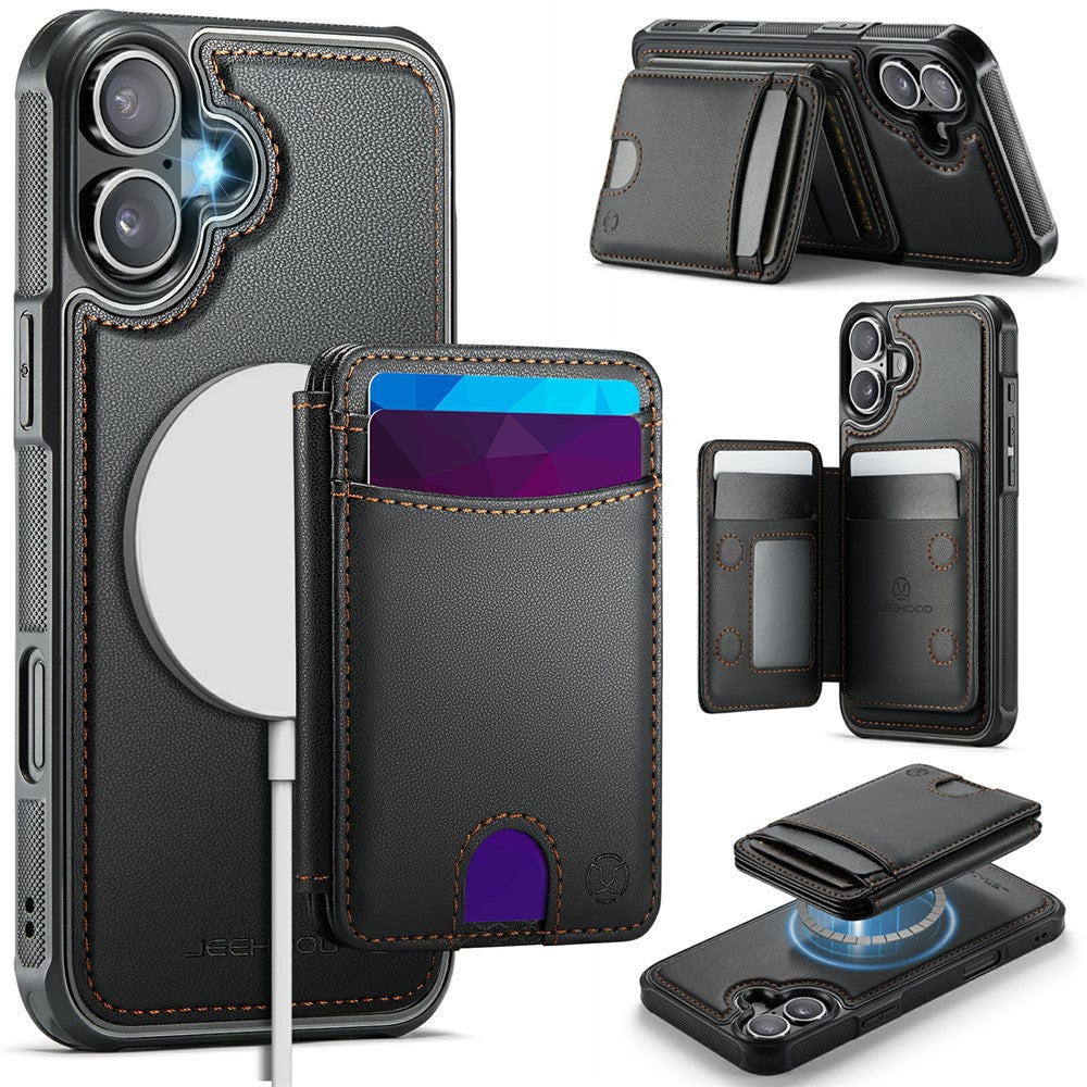 JEEHOOD J10 For iPhone 17 Case with Detachable Card Holder Kickstand Compatible with MagSafe Leather Back Phone Coverd