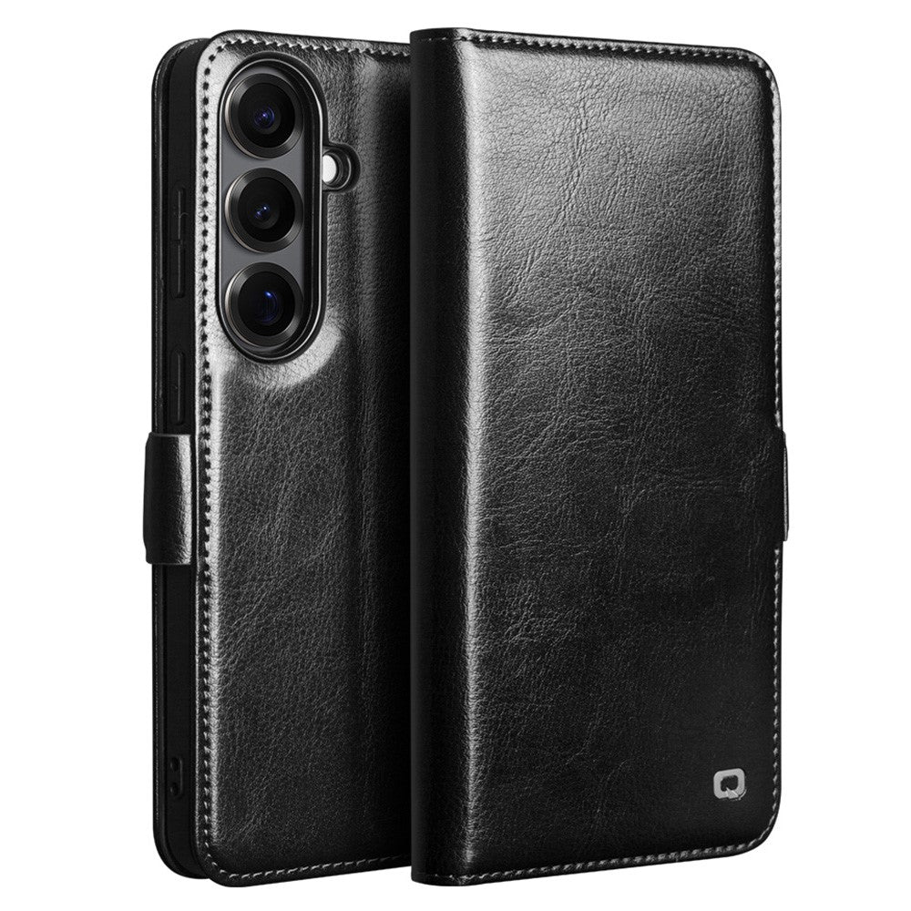 QIALINO For Samsung Galaxy S26+ Case with Card Holder Genuine Cow Leather Stand Phone Cover