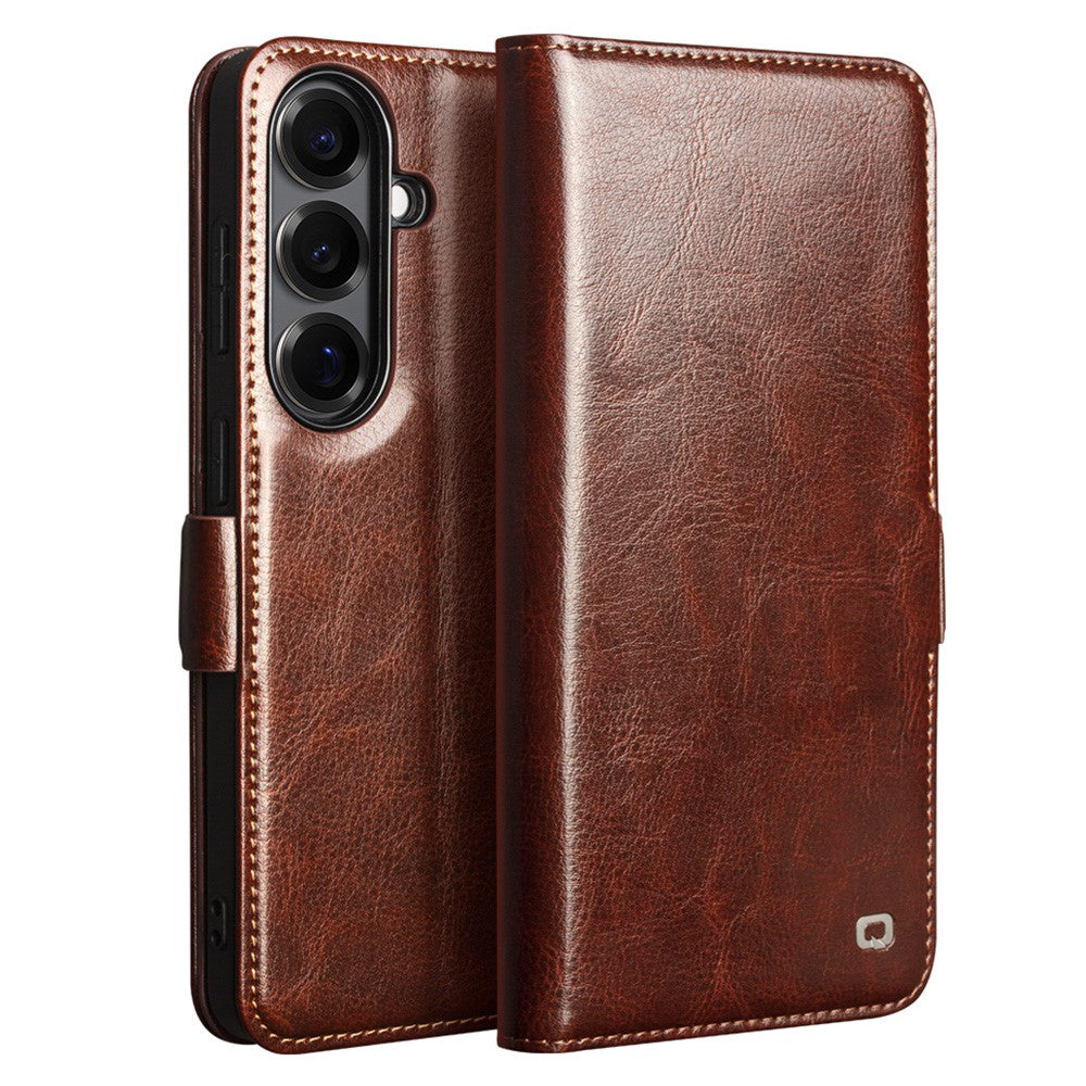 QIALINO For Samsung Galaxy S26+ Case with Card Holder Genuine Cow Leather Stand Phone Cover