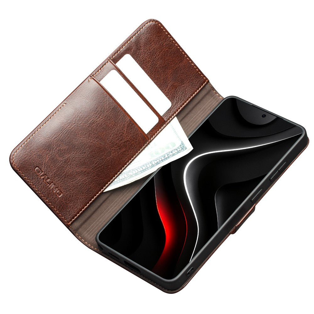 QIALINO For Samsung Galaxy S26+ Case with Card Holder Genuine Cow Leather Stand Phone Cover