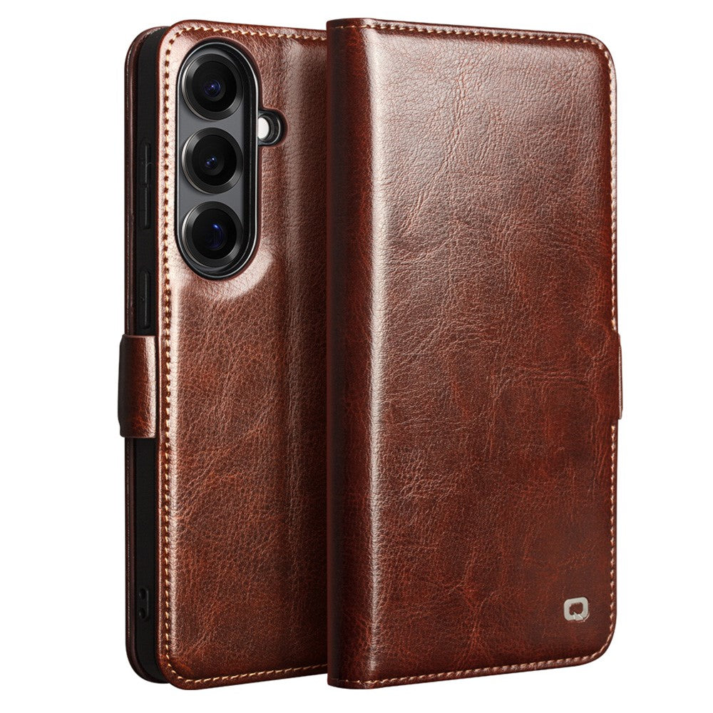 QIALINO For Samsung Galaxy S26 Case with Card Holder Genuine Cow Leather Stand Phone Cover