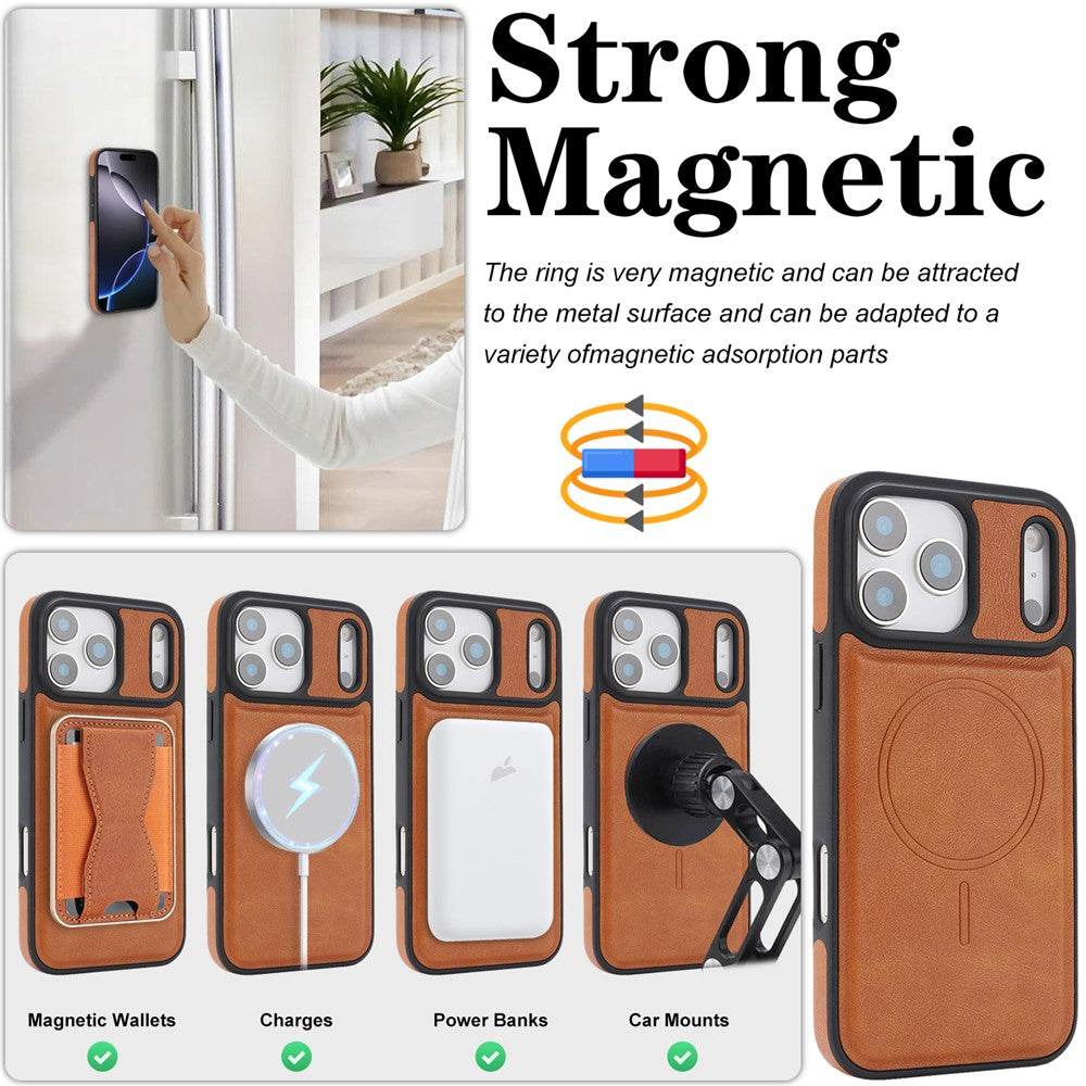 For iPhone 17 Pro Max Magnetic Case with Detachable Card Holder Kickstand TPU + PU Back Cover Compatible with MagSafe