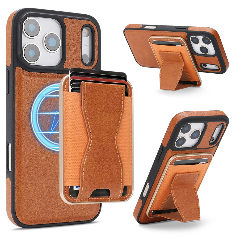 For iPhone 17 Pro Max Magnetic Case with Detachable Card Holder Kickstand TPU + PU Back Cover Compatible with MagSafe