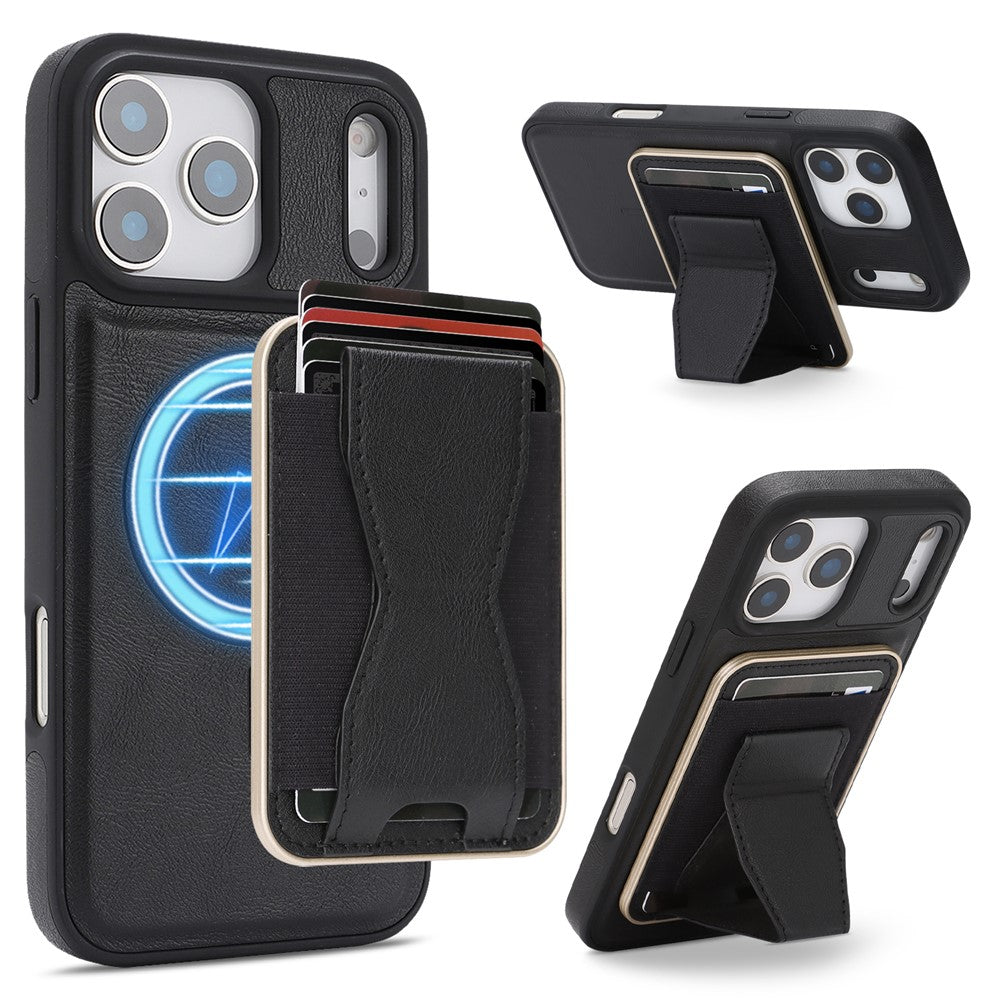 For iPhone 17 Pro Max Magnetic Case with Detachable Card Holder Kickstand TPU + PU Back Cover Compatible with MagSafe
