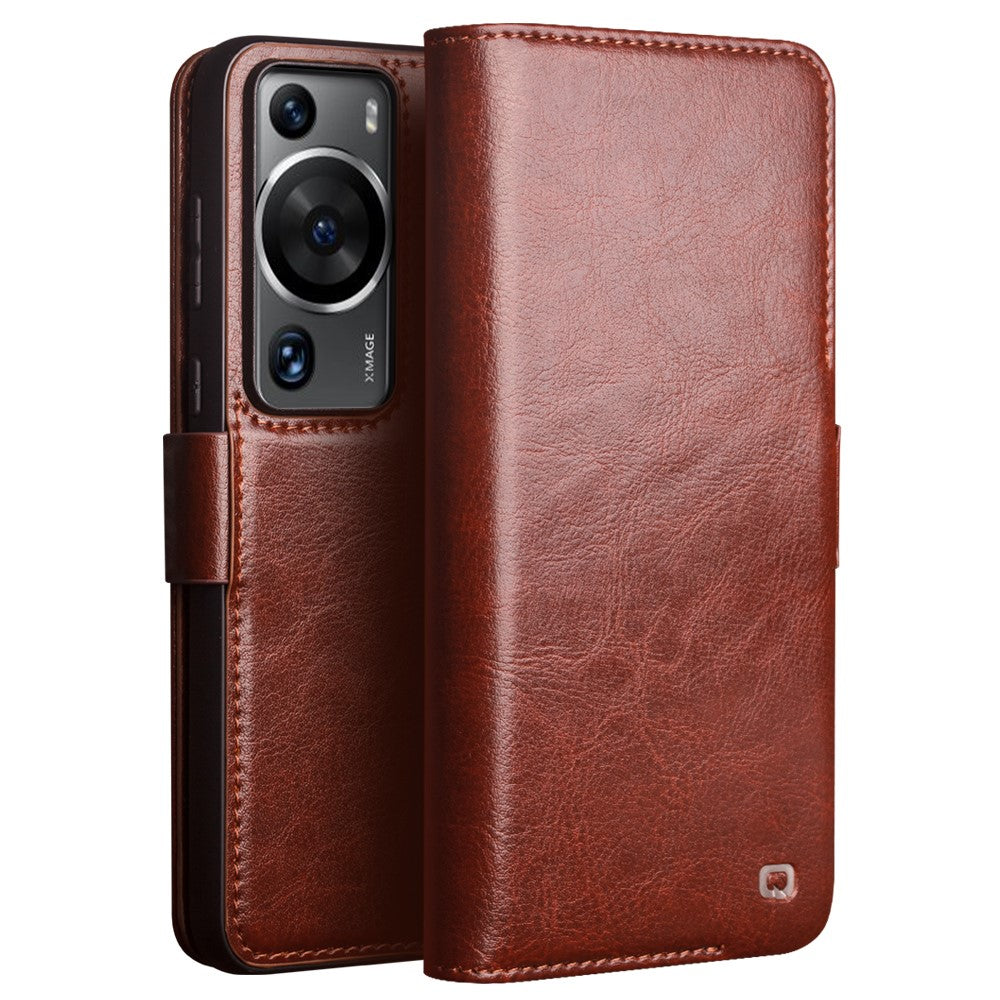 QIALINO For Huawei P60 Pro Genuine Cow Leather Phone Case Wallet Stand Flip Folio Cover