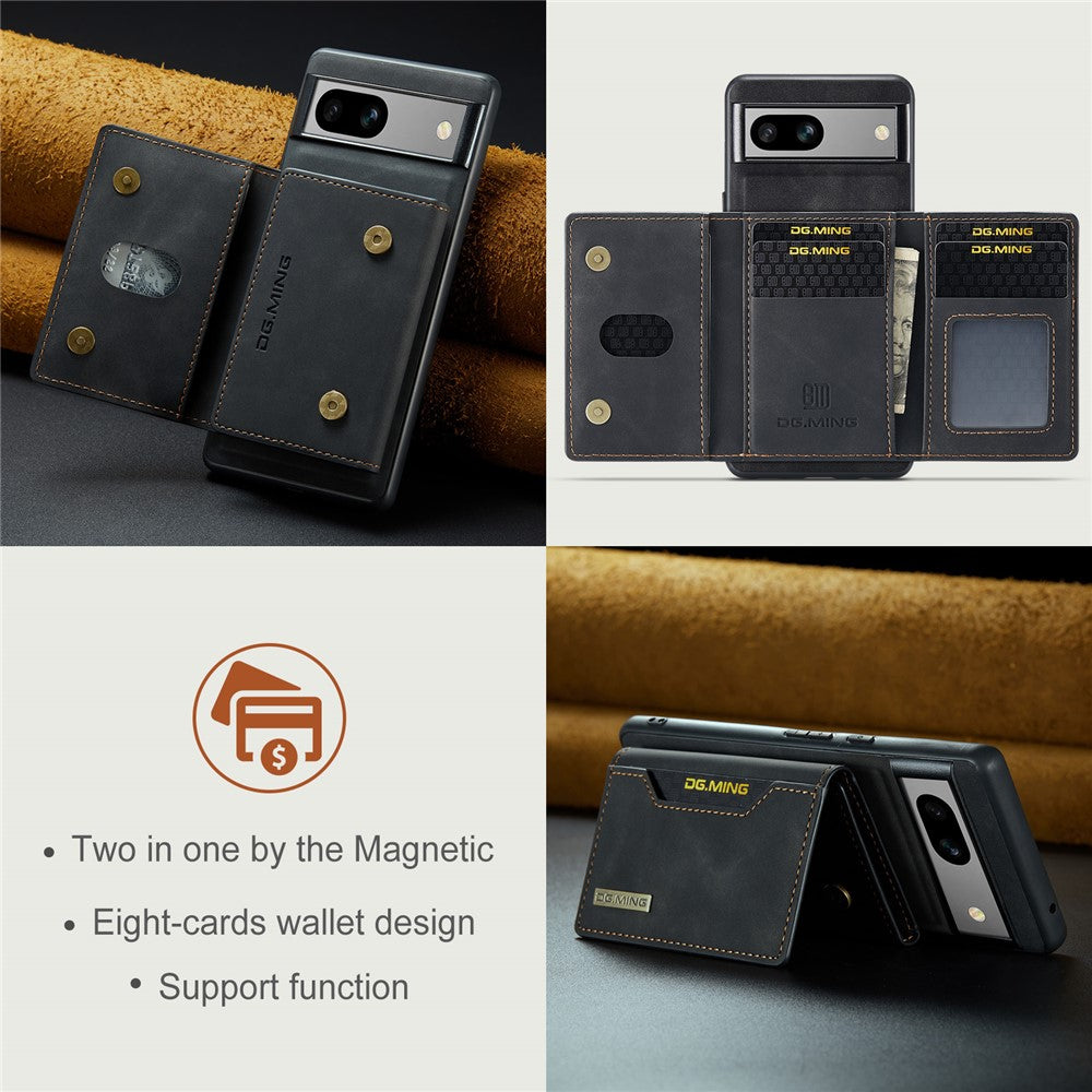 DG.MING M2 Series for Google Pixel 7a Detachable Back Cover PU Leather Coated PC+TPU Kickstand Wallet Phone Case