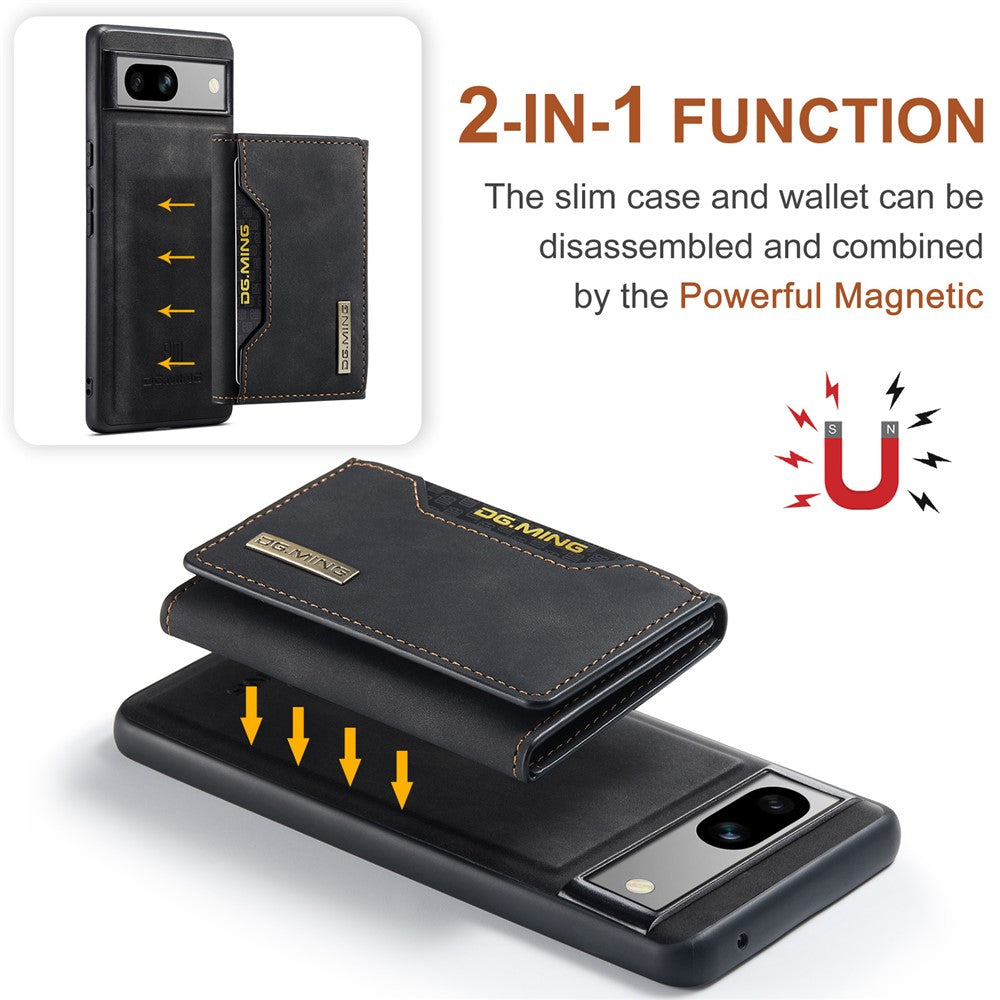 DG.MING M2 Series for Google Pixel 7a Detachable Back Cover PU Leather Coated PC+TPU Kickstand Wallet Phone Case