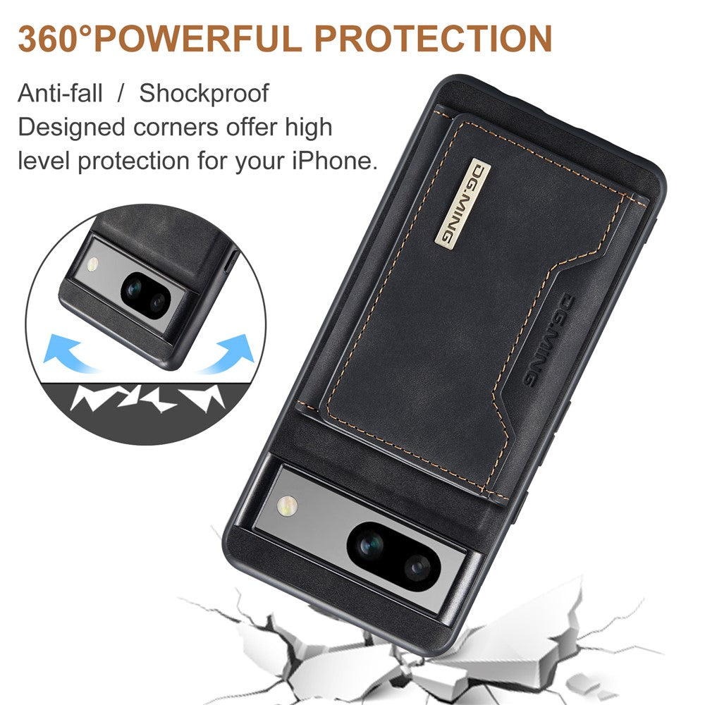 DG.MING M2 Series for Google Pixel 7a Detachable Back Cover PU Leather Coated PC+TPU Kickstand Wallet Phone Case