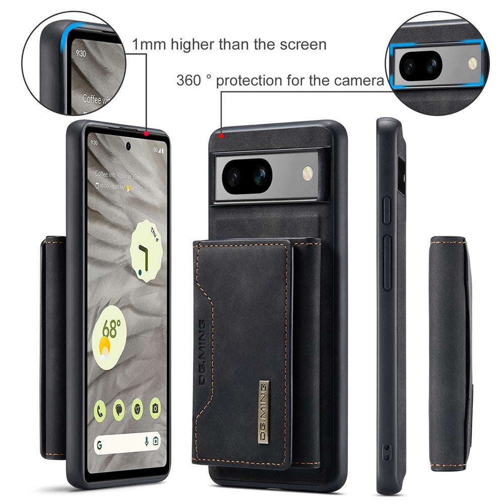 DG.MING M2 Series for Google Pixel 7a Detachable Back Cover PU Leather Coated PC+TPU Kickstand Wallet Phone Case
