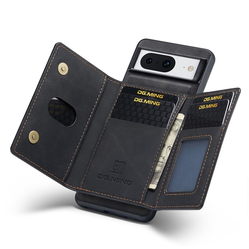 DG.MING M2 Series for Google Pixel 8 Magnetic Detachable Back Cover Leather Coated PC+TPU Kickstand Wallet Phone Case