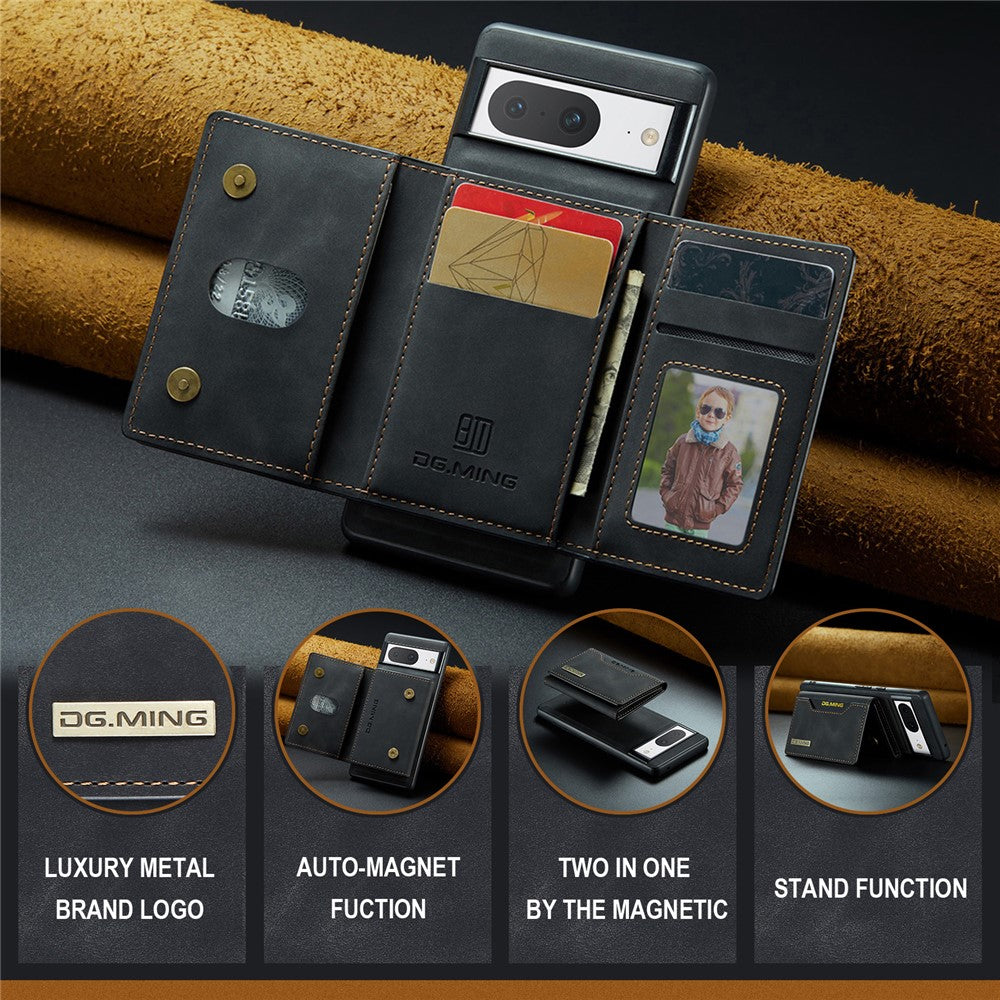 DG.MING M2 Series for Google Pixel 8 Magnetic Detachable Back Cover Leather Coated PC+TPU Kickstand Wallet Phone Case