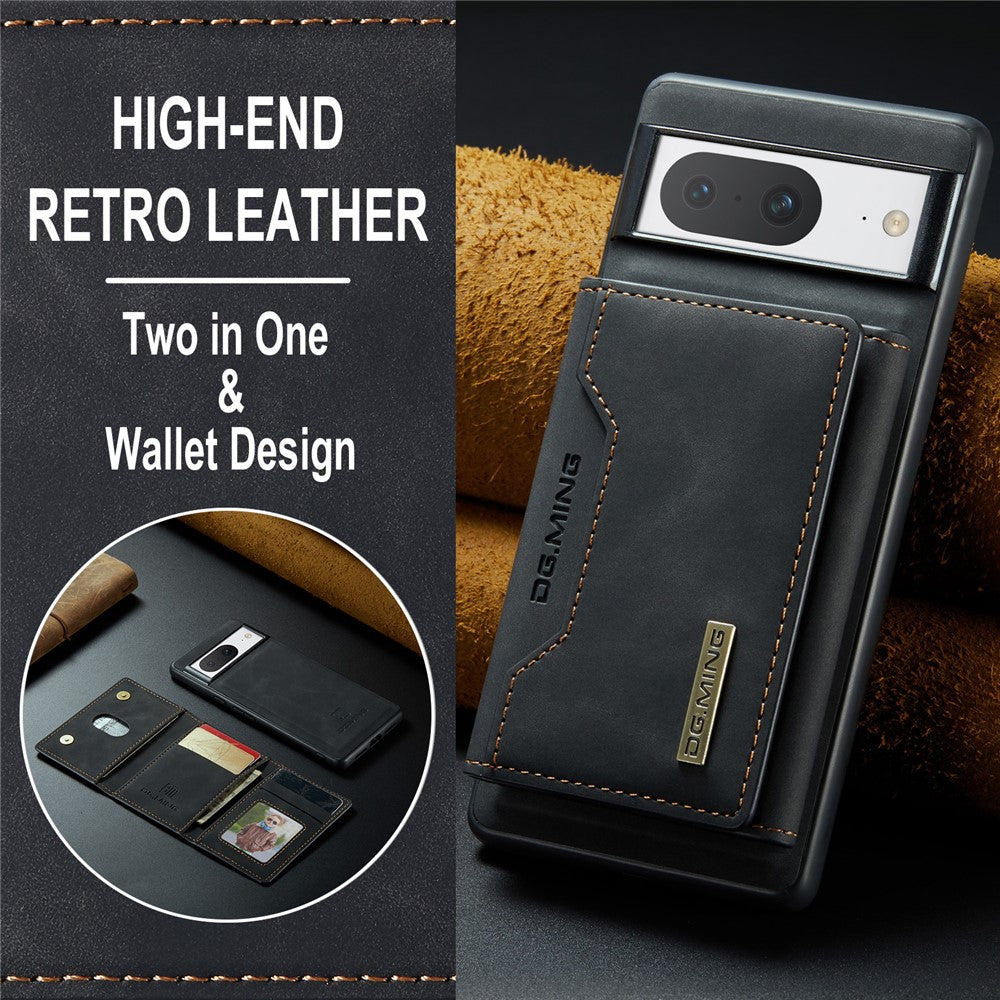 DG.MING M2 Series for Google Pixel 8 Magnetic Detachable Back Cover Leather Coated PC+TPU Kickstand Wallet Phone Case